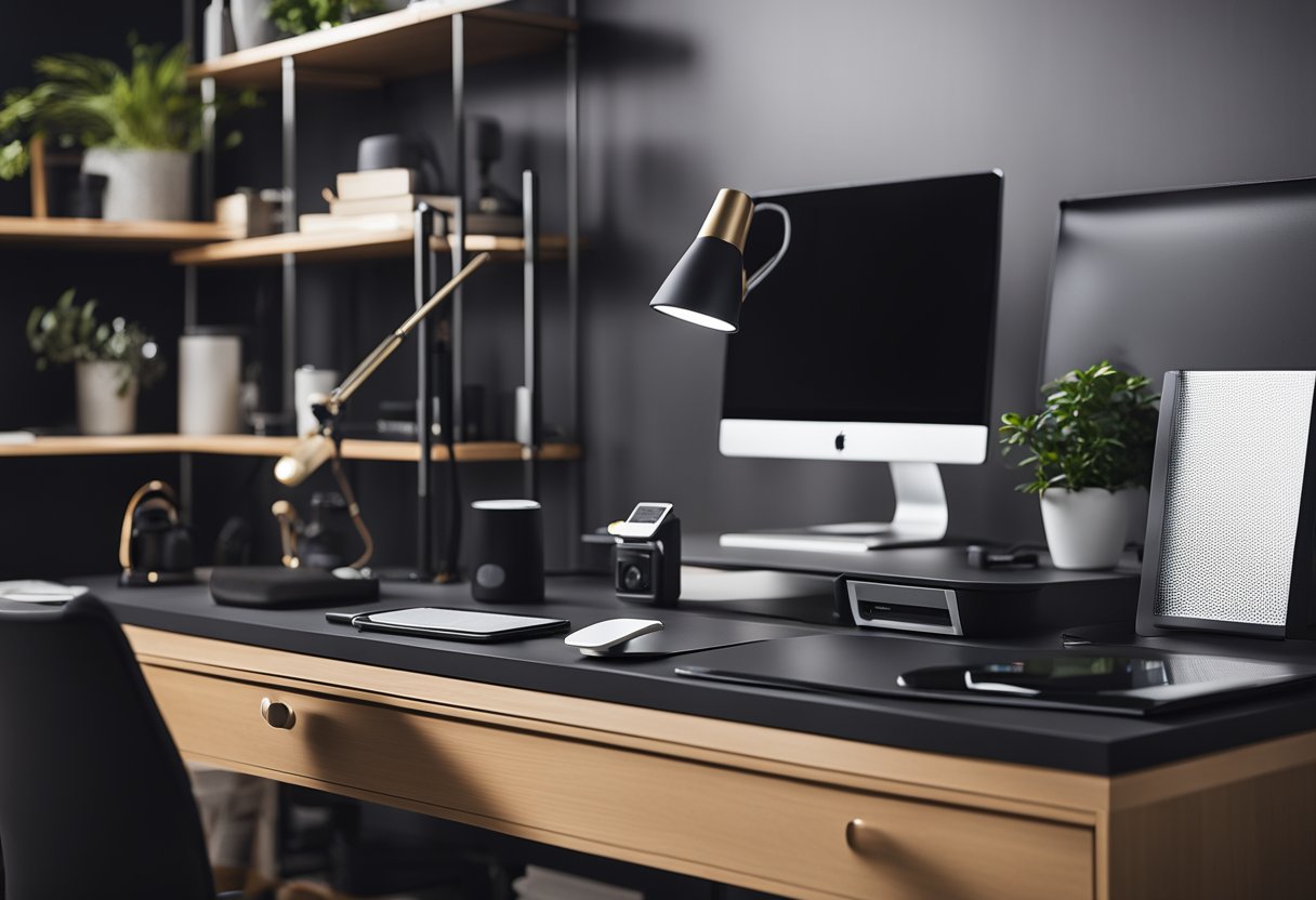 A sleek desk with a wireless charging pad, smart power strip, and adjustable desk lamp. Surrounding the desk are various tech gadgets and accessories neatly organized on shelves and in drawers