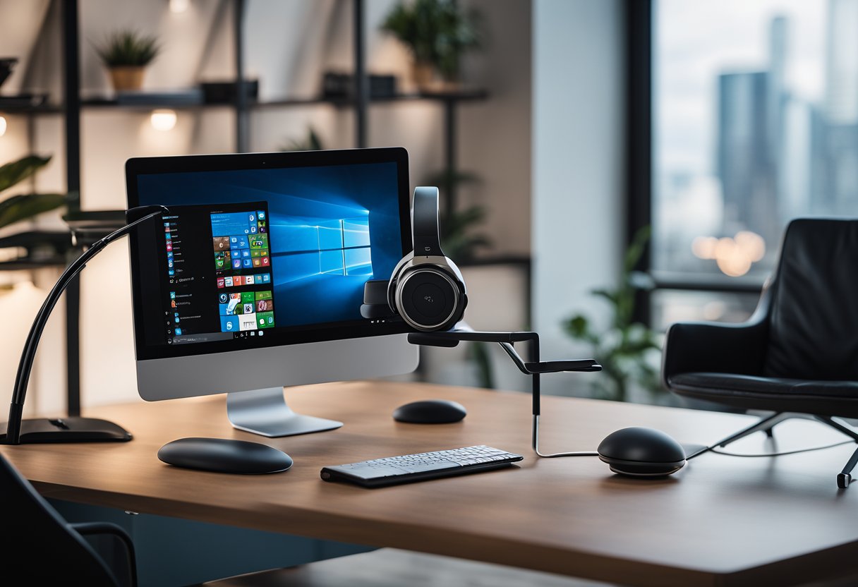 A modern desk with a sleek laptop, ergonomic chair, smart lighting, wireless charger, noise-cancelling headphones, and a standing desk converter