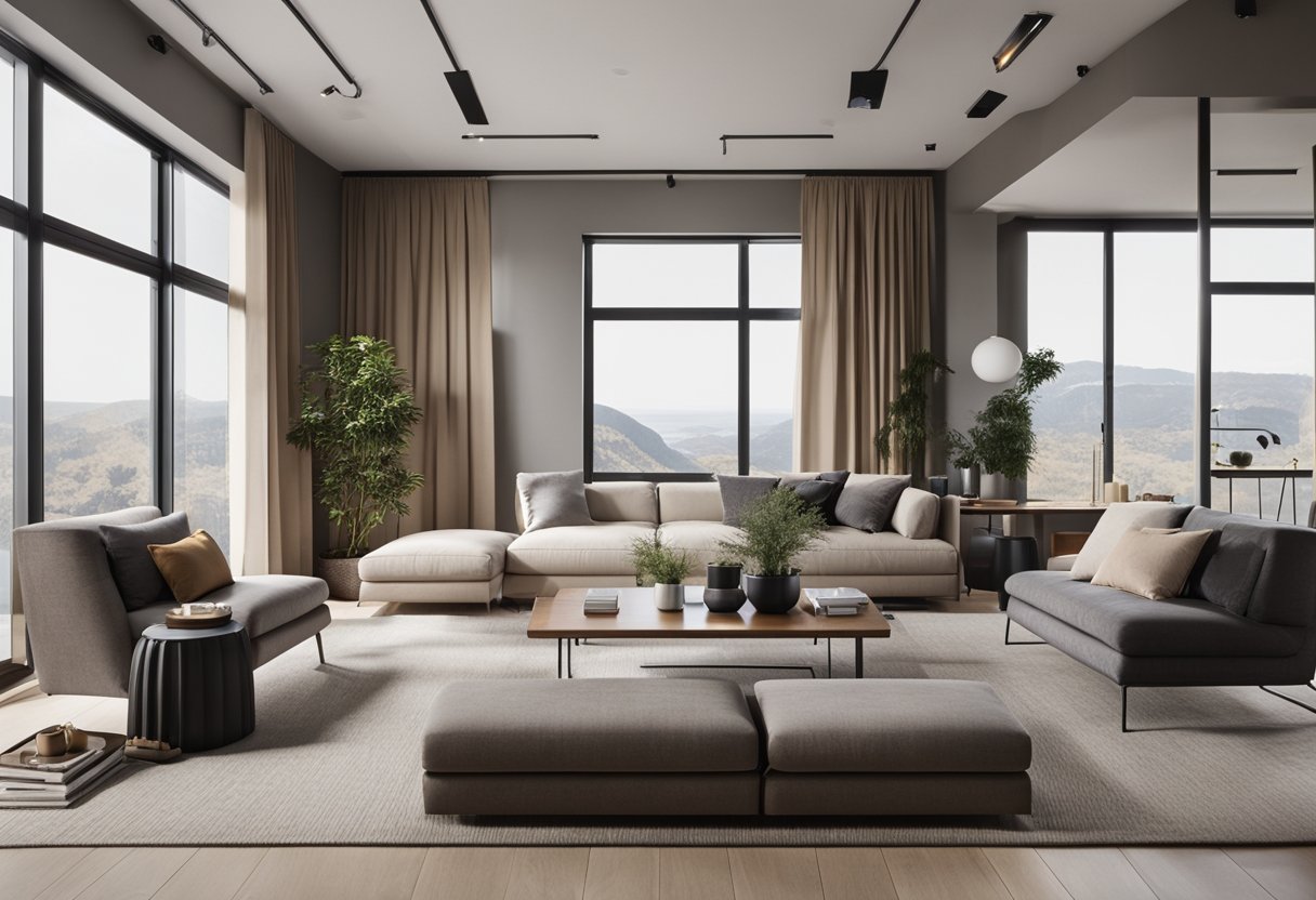 A spacious room with natural light, neutral wall colors, and contrasting accent walls. Different textures and finishes create a harmonious and inviting atmosphere