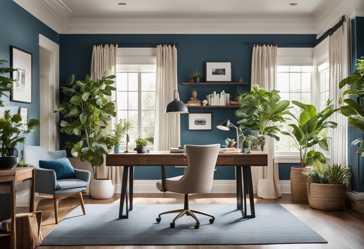 A home office with a balanced palette of calming blues, energizing greens, and warm neutrals. Natural light floods the space, highlighting the carefully chosen color scheme