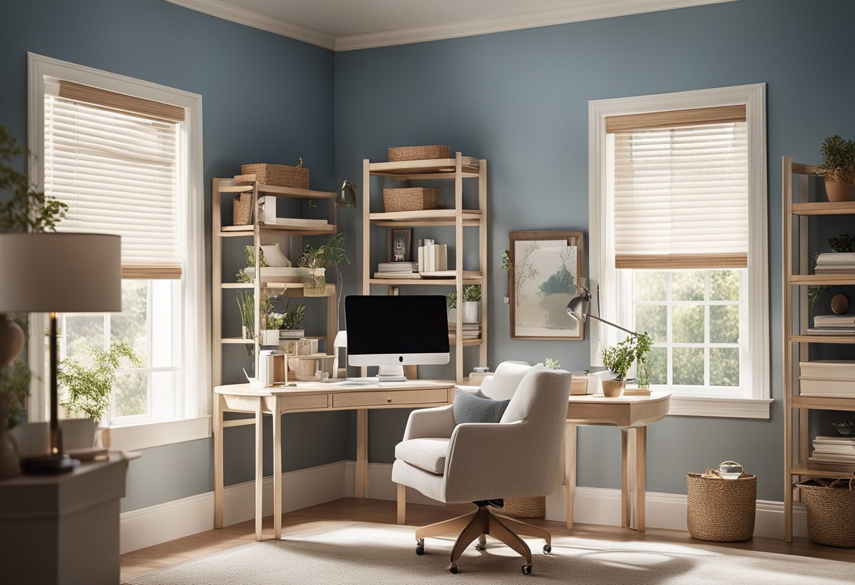 A cozy home office with a desk, chair, and shelves. Soft natural light filters in through a window, illuminating a carefully chosen color scheme of calming blues and warm neutrals