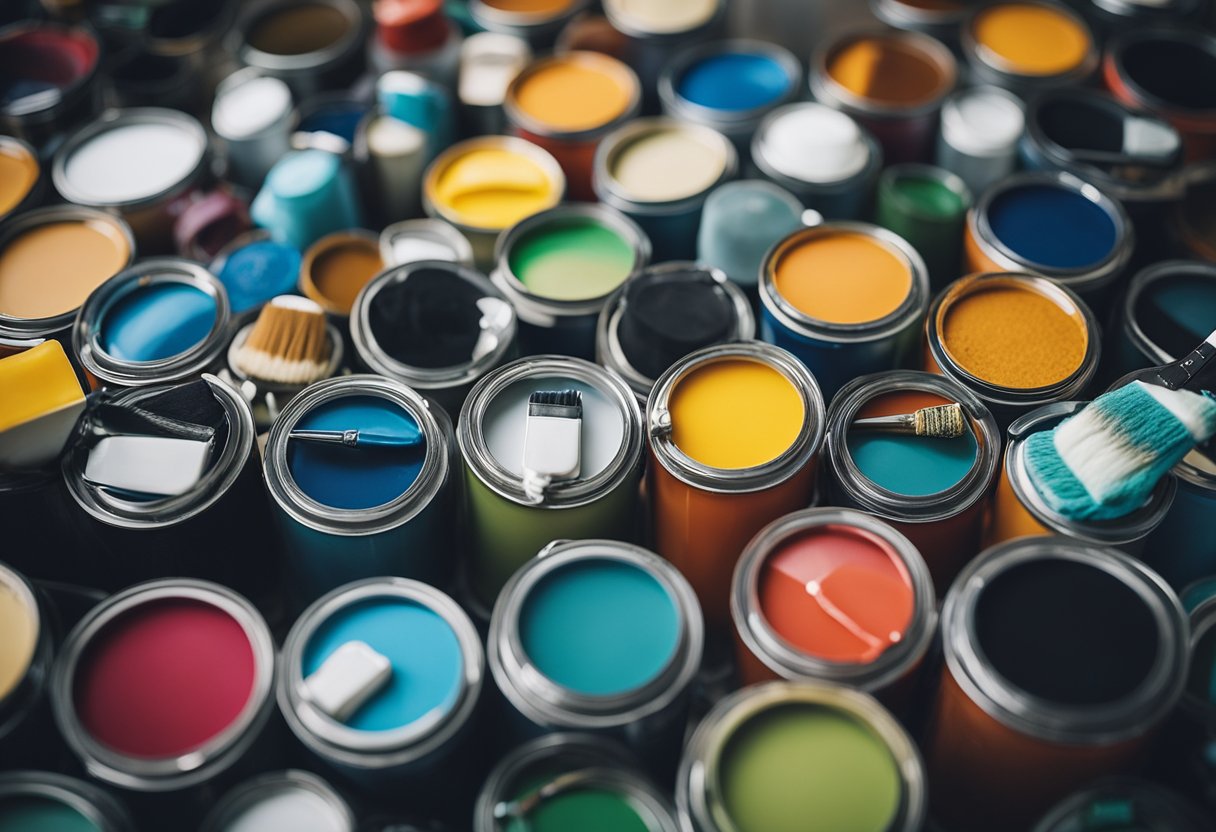 A table with various paint cans, brushes, rollers, and color swatches arranged neatly. A room with different walls in need of painting