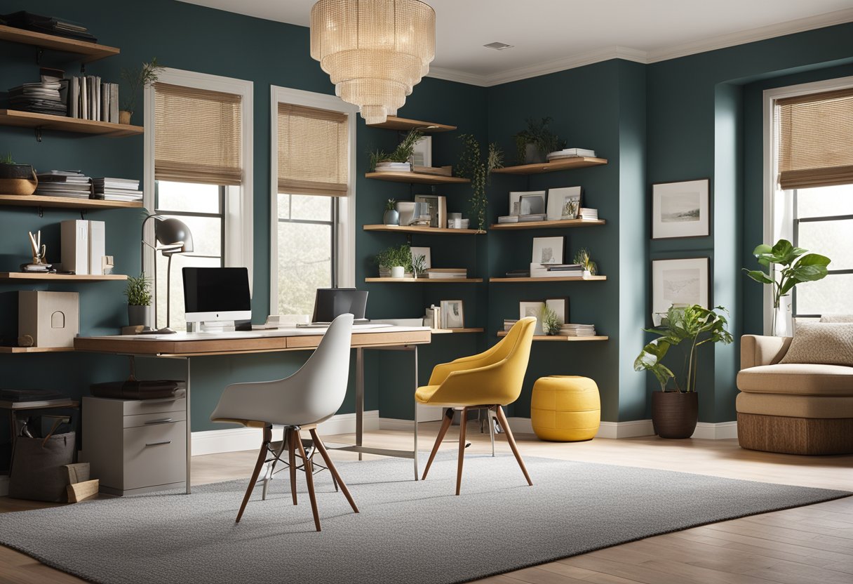 A well-lit home office with a sleek desk, ergonomic chair, and organized storage. The color scheme is calming and energizing, with pops of vibrant accents