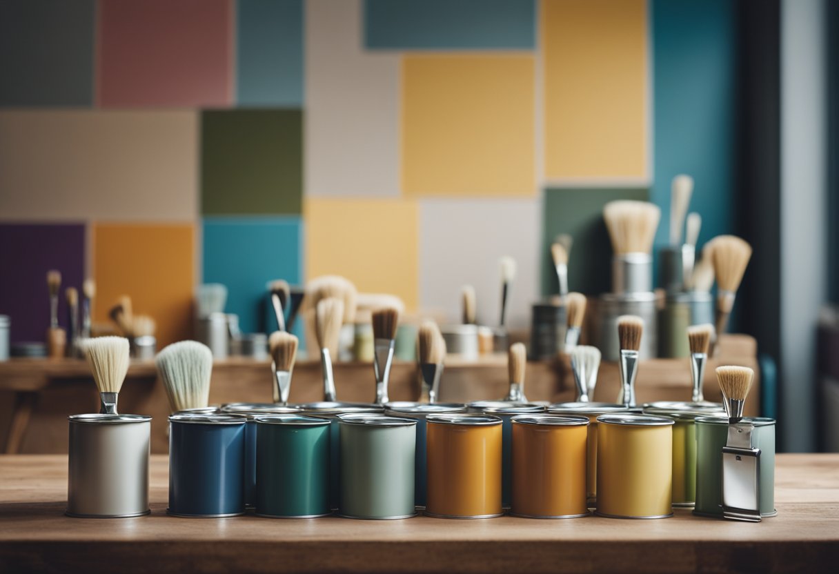 A room with different colored walls and various paint cans lined up on a table, along with paintbrushes and rollers. Lighting should highlight the textures and finishes of the paint