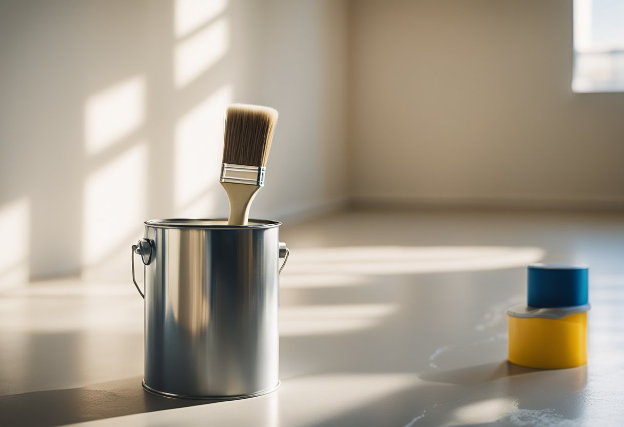 A paint can and brush sit on a drop cloth in a bright, clean room with freshly painted walls and trim. Light streams in through the window, casting a warm glow on the space