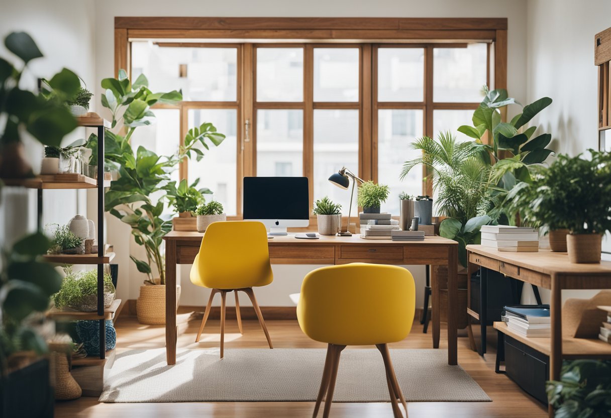 A well-lit home office with a mix of calming blues and energizing yellows, complemented by natural wood accents and pops of greenery