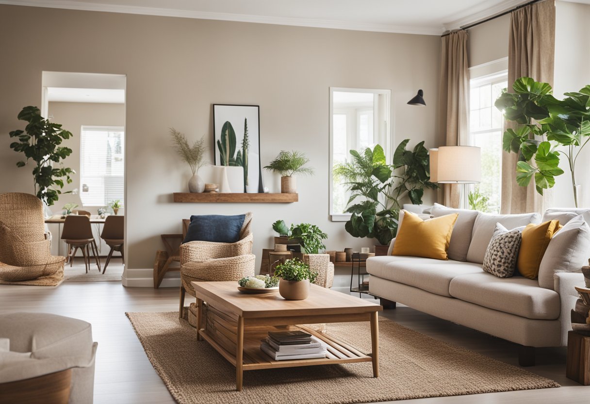 A cozy living room with natural light, earthy tones, and low-VOC paint. A serene bedroom with calming colors and mold-resistant paint. A vibrant kitchen with easy-to-clean, durable paint