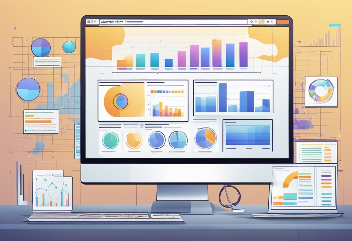 A computer screen displaying a sleek and modern web design, surrounded by charts and graphs showing growth and optimization data