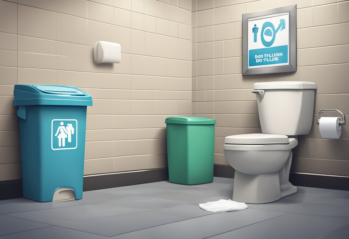 A toilet with a package of flushable wipes next to it, a clear "Do Not Flush" sign on the wall, and a trash can nearby for proper disposal