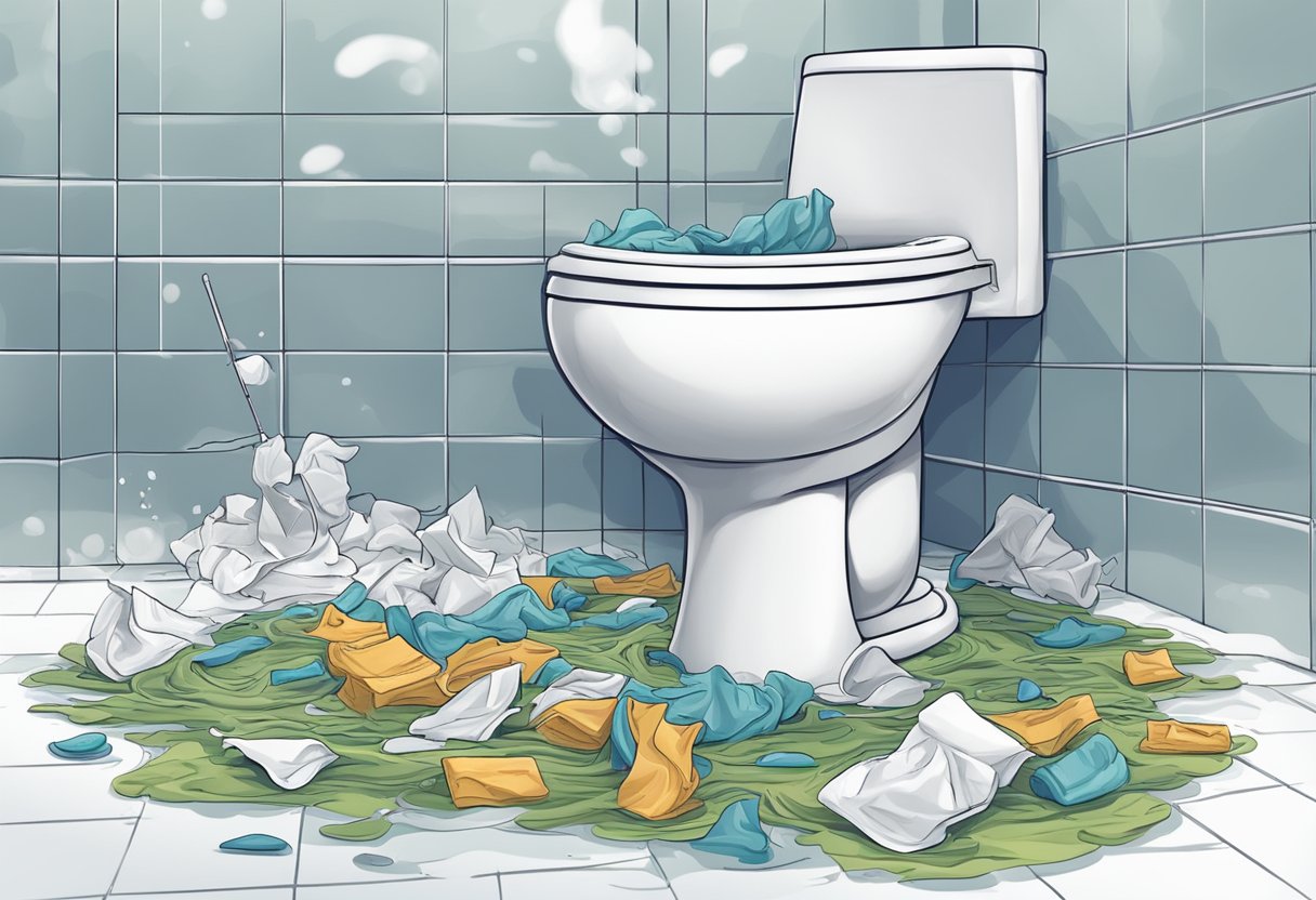 A clogged toilet overflows with flushed wipes, causing a messy and unsanitary situation. A plumber struggles to clear the blockage