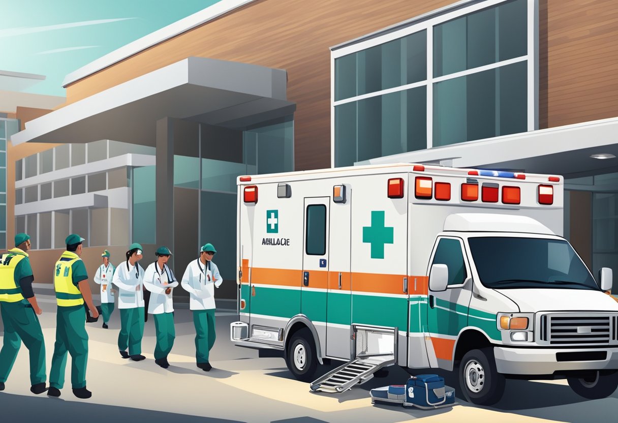 An ambulance parked outside a hospital, with paramedics unloading medical equipment and rushing to assist a patient