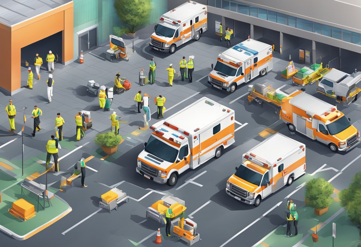 A bustling ambulance bay with vehicles, medical equipment, and staff in motion