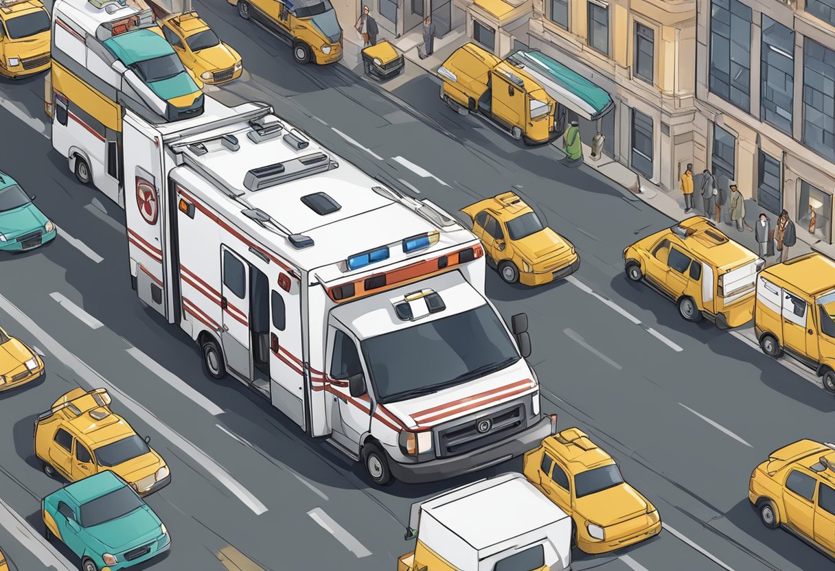 A busy ambulance navigating through a congested city street, facing logistical and infrastructural challenges