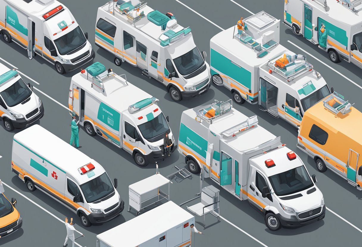 Ambulance sector conclusion: Empty stretchers, parked vehicles, and medical equipment neatly organized