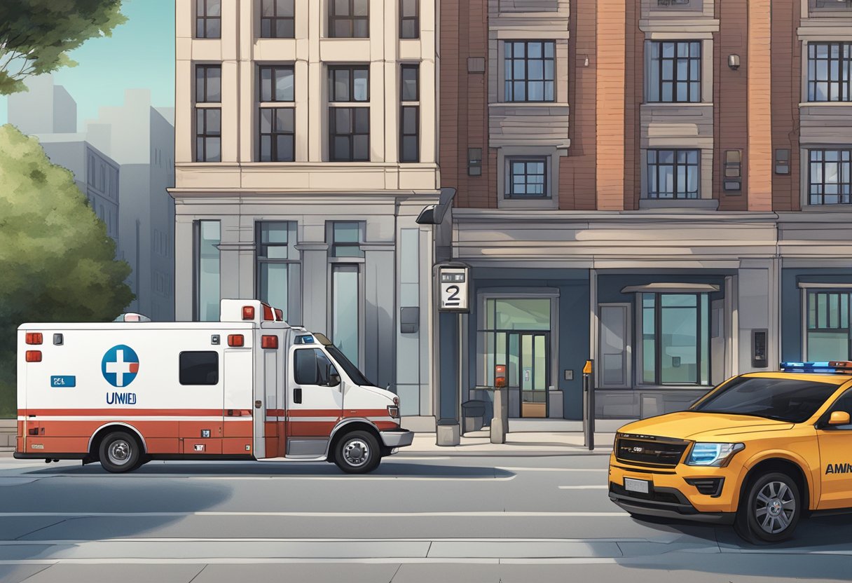 A Unimed ambulance parked outside with a phone booth nearby