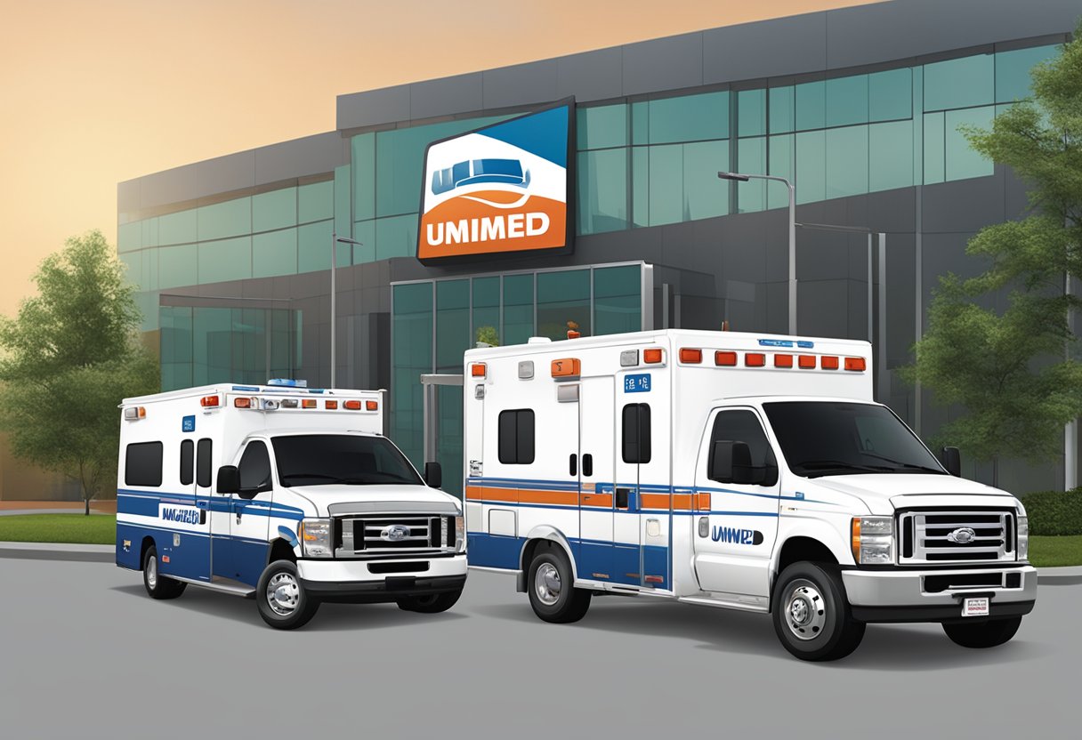 A fleet of Unimed ambulances parked outside, with the company logo and phone number clearly displayed