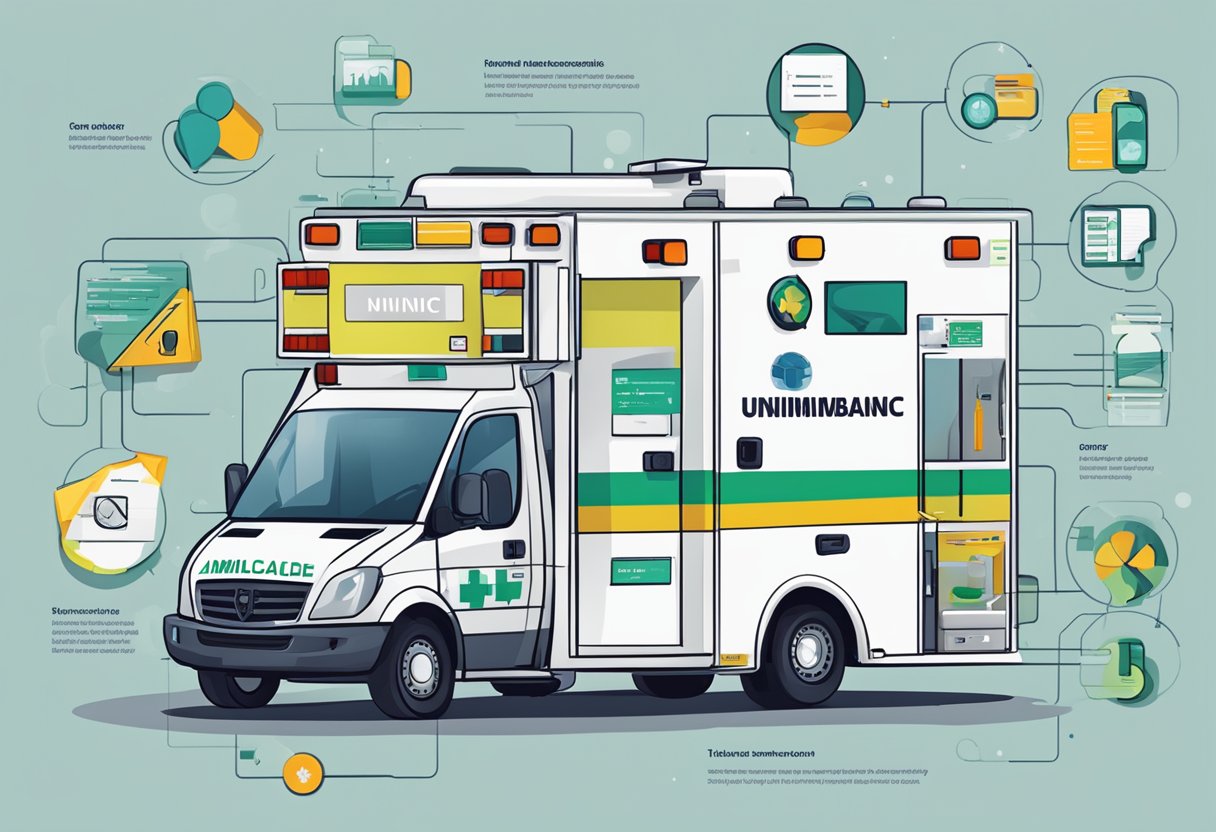 A Unimed ambulance with a phone number, surrounded by various benefits and services