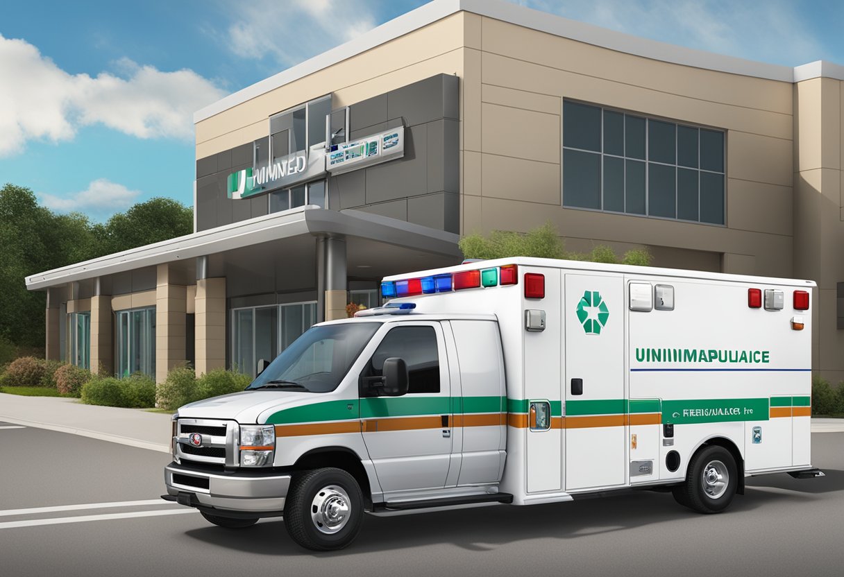 A Unimed ambulance parked outside a regional facility, with the company logo and phone number clearly visible on the vehicle