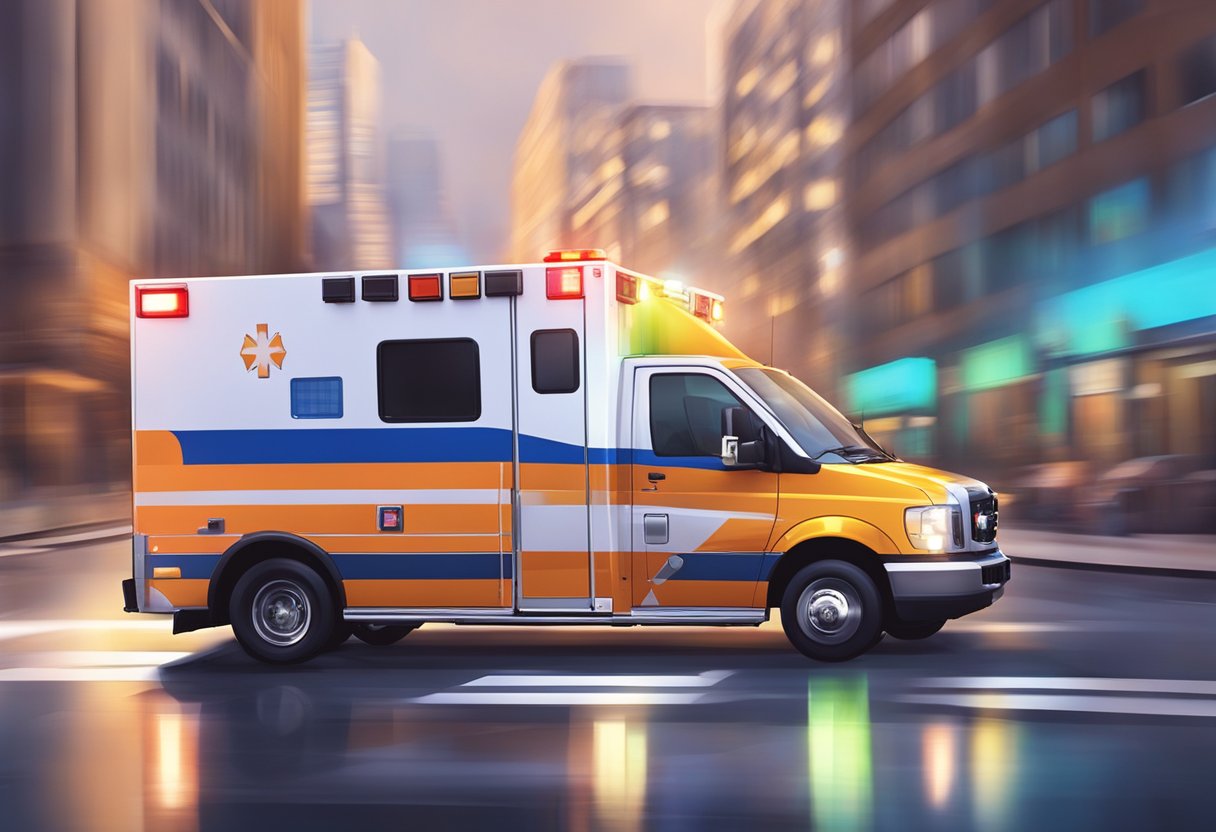 A modern ambulance speeding down a city street with flashing lights and sirens blaring