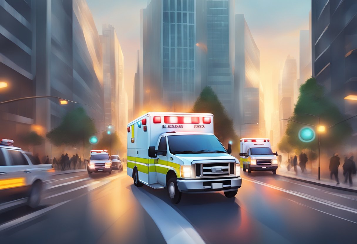 An ambulance speeding through city streets with flashing lights and blaring sirens. A team of paramedics rushing to assist a patient on a stretcher