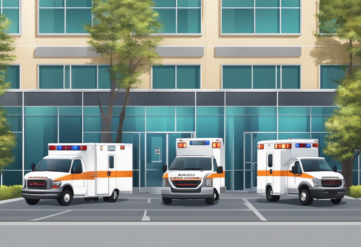 Specialized ambulances parked outside a hospital with flashing lights and medical equipment visible through the windows