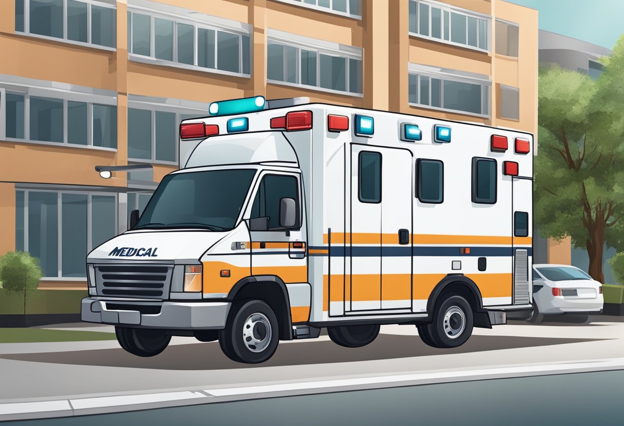 An ambulance parked outside a hospital, with medical equipment visible through the windows