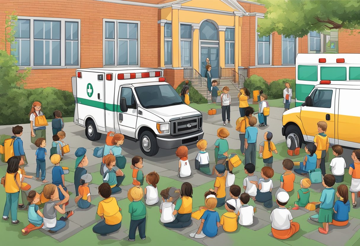 An ambulance parked outside a school, with children and teachers gathered around receiving first aid training