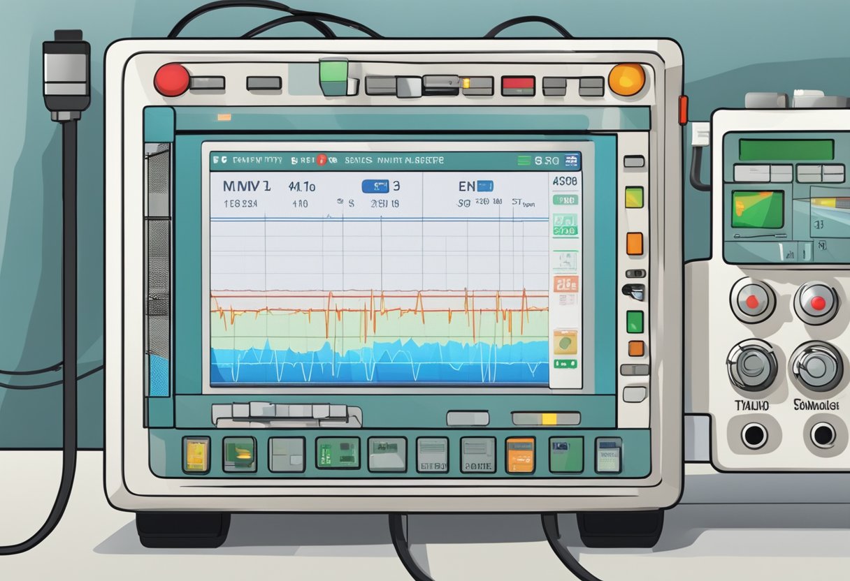 A cardiac monitor in an ambulance, with wires connected and displaying vital signs on a screen