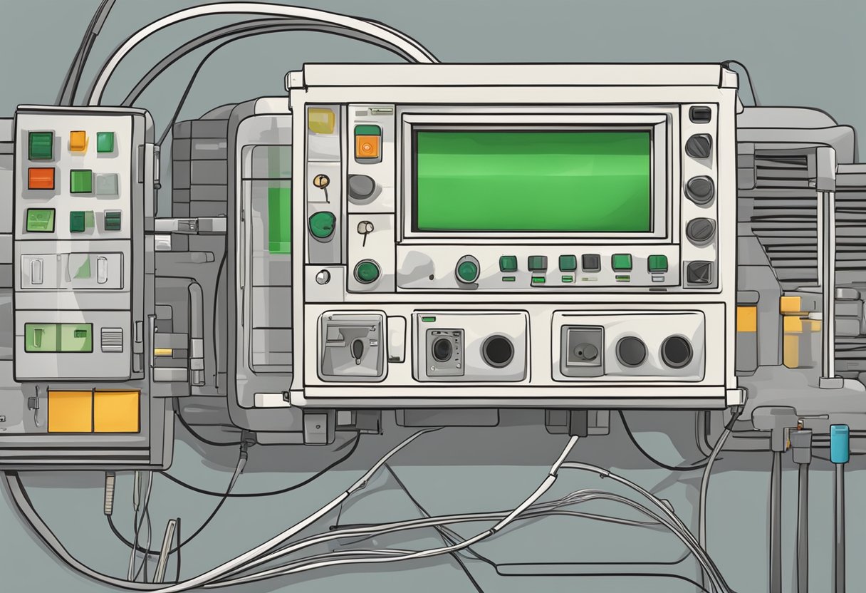 An ambulance monitor beeping with attached electrodes and wires