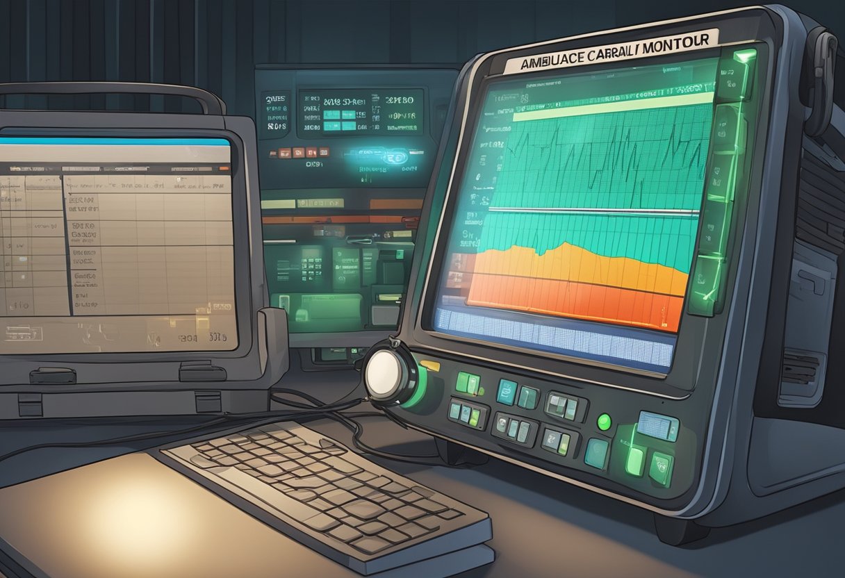 An ambulance's cardiac monitor displays vital signs in a dimly lit setting