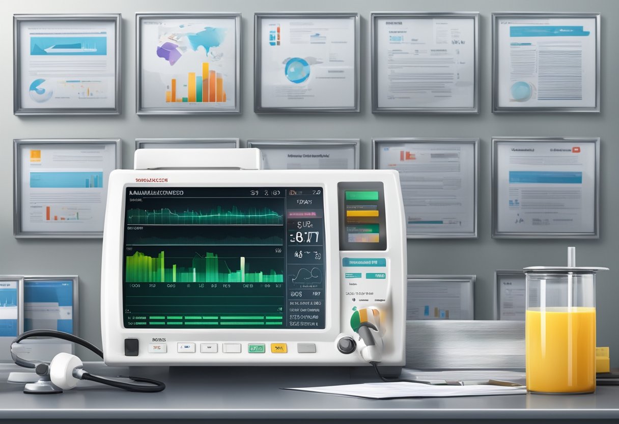 An ambulance monitor displays vital signs, with medical ethics and legislation documents in the background