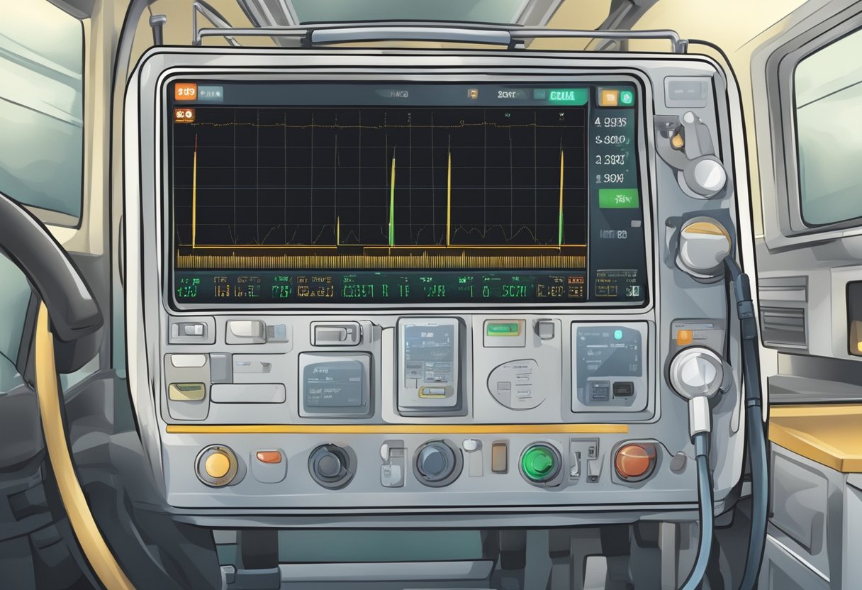 A cardiac monitor in an ambulance beeping and displaying vital signs