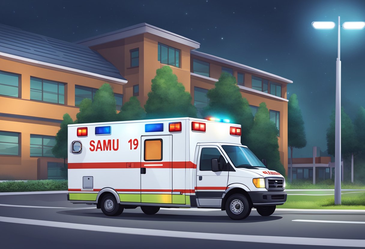 An ambulance with "SAMU 192" written on the side, parked outside a hospital with emergency lights flashing