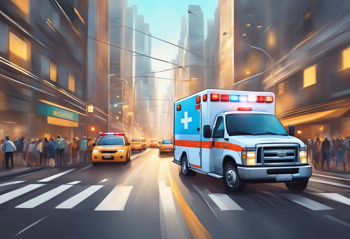 An ambulance with flashing lights and sirens speeds through a crowded city street, weaving through traffic to reach its destination