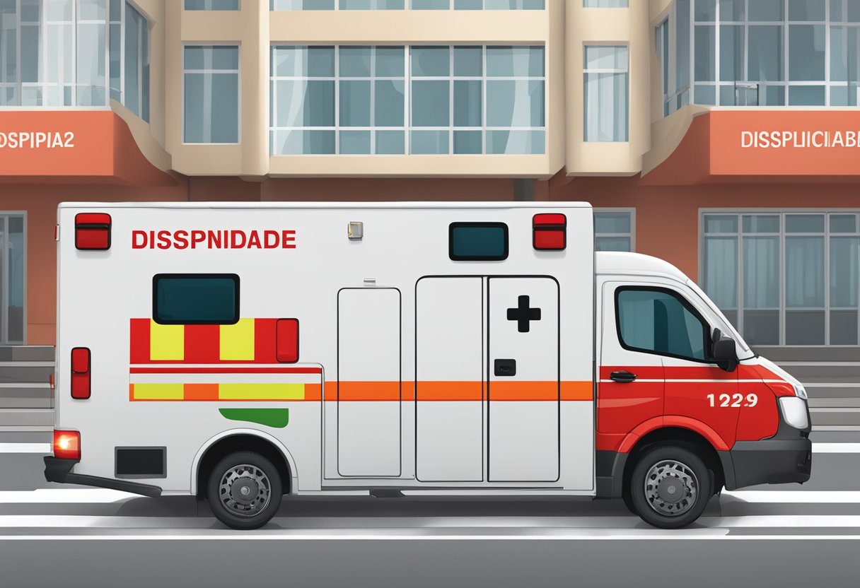 A red and white ambulance with "Atuação e Disponibilidade 192" written on the side, parked outside a hospital with its lights flashing