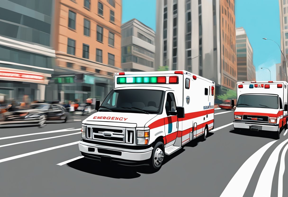 Emergency 192 ambulance navigating through traffic, sirens blaring, rushing to a hospital