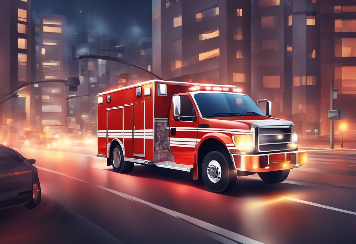 A red fire truck ambulance speeds through city streets with flashing lights and blaring sirens, rushing to a rescue