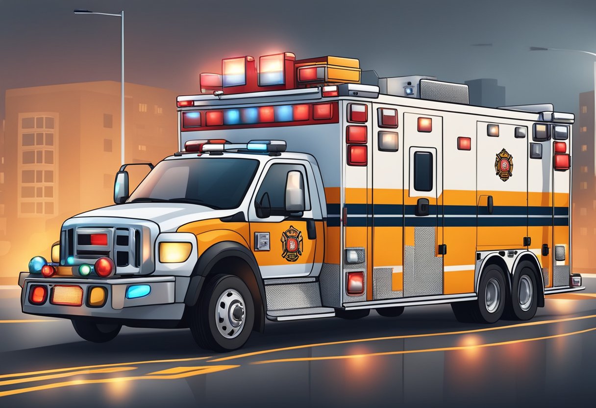 A firefighter ambulance parked with flashing lights and sirens