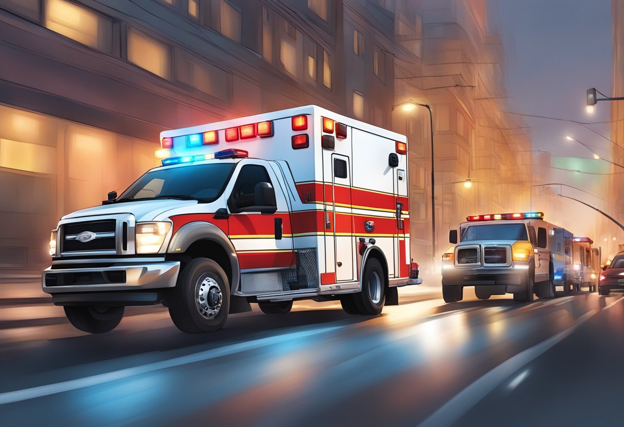 A firefighter's ambulance rushing through traffic with lights flashing and siren blaring