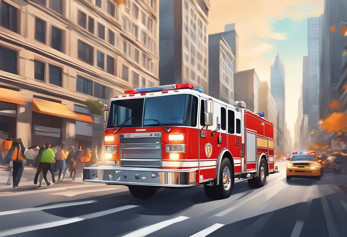 A fire truck racing through city streets, sirens blaring and lights flashing, navigating through traffic and pedestrians