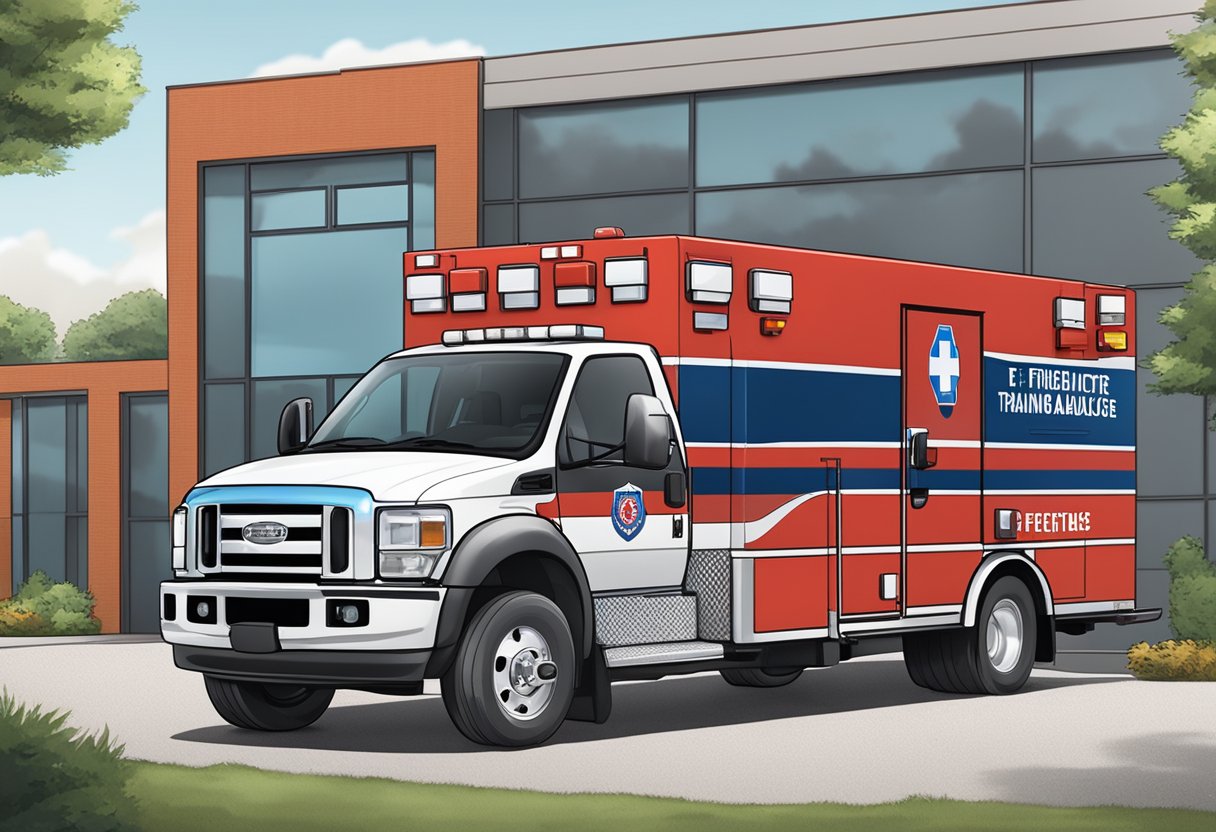 A firefighter's ambulance parked outside a training facility, with educational materials visible inside