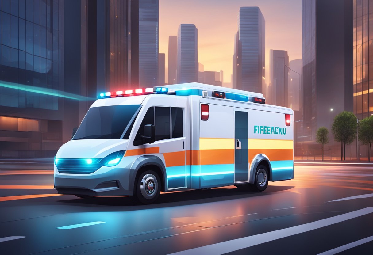 A futuristic ambulance for firefighters is parked in a sleek, modern cityscape with bright lights and clean lines