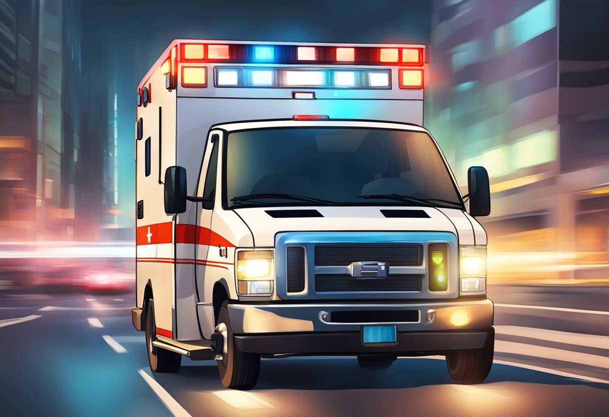 A private ambulance speeding through city streets with flashing lights and blaring sirens