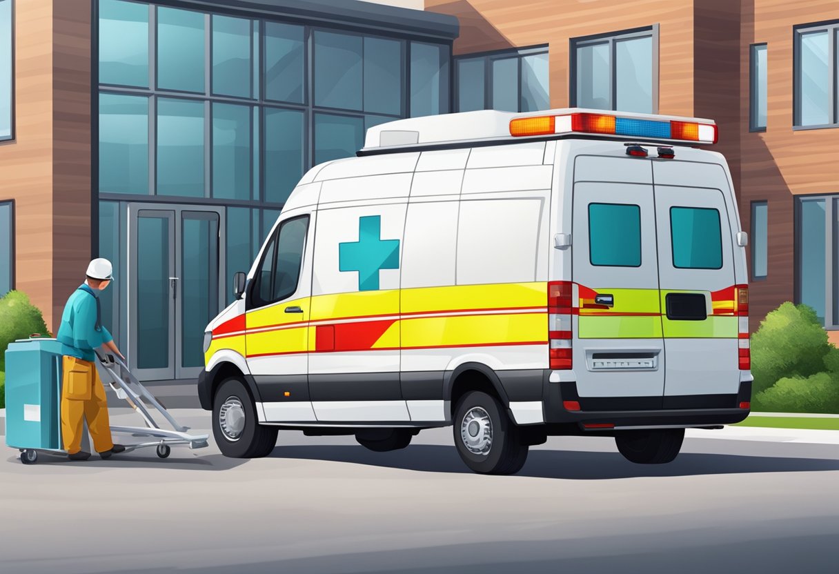 A private ambulance parked outside a company office, with a paramedic carrying medical equipment and a stretcher