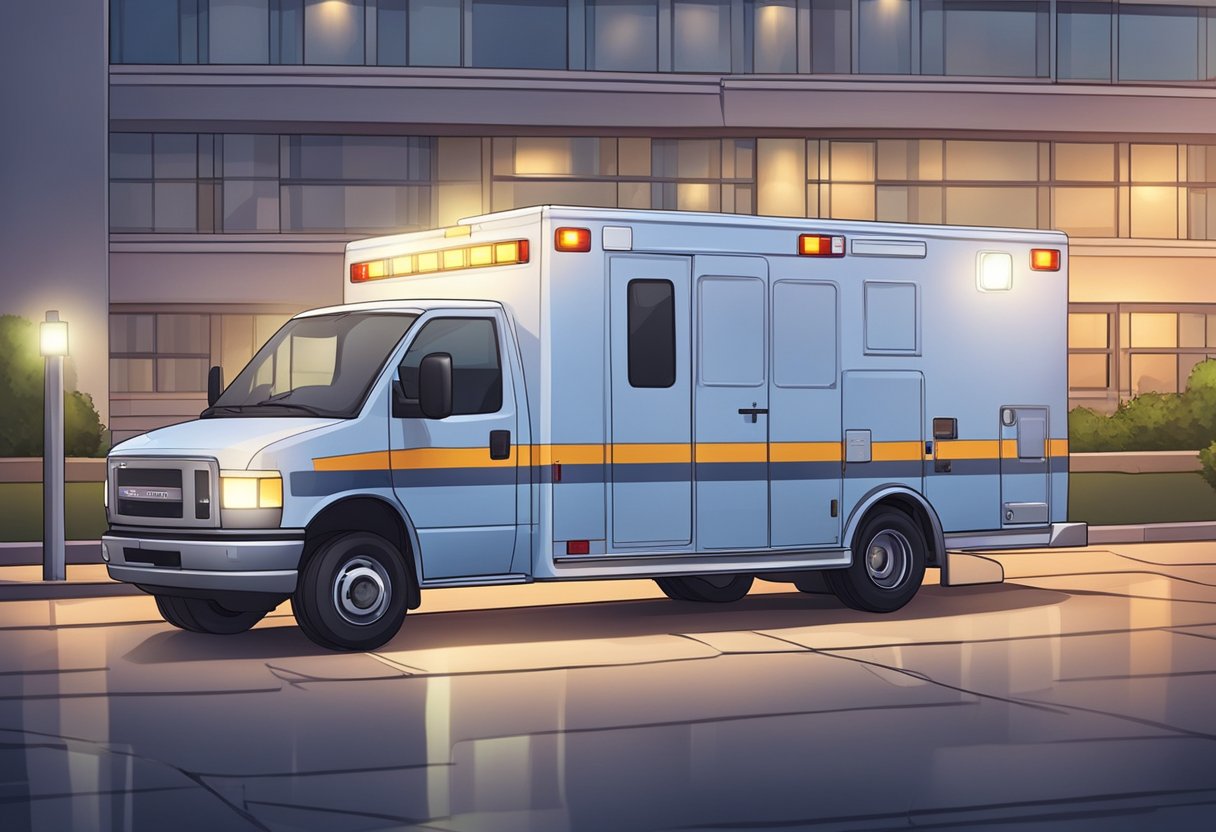 A private ambulance parked outside a hospital, with its lights on and medical equipment visible through the windows