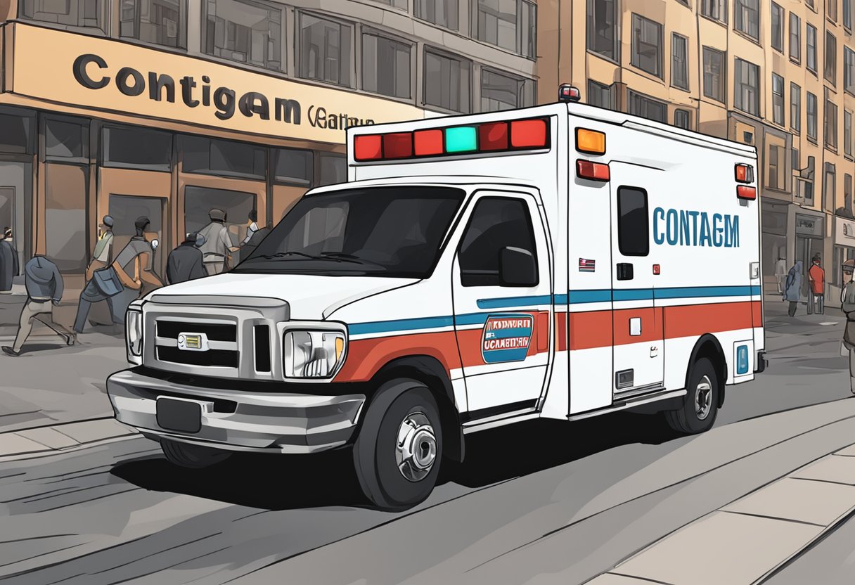 A private ambulance parked in a bustling urban area, with the word "Contagem" clearly displayed on the vehicle