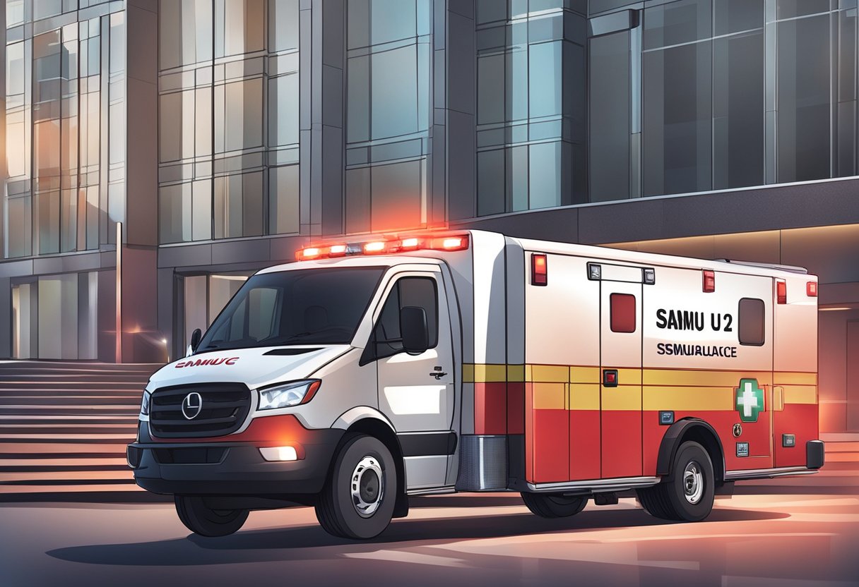 A red and white ambulance with flashing lights and the SAMU logo on the side, parked outside a building with medical personnel rushing in and out