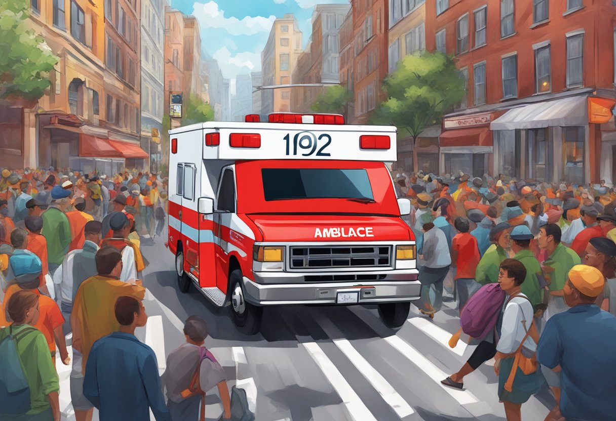 A bright red ambulance with "192" emblazoned on the side, rushing through a crowded city street