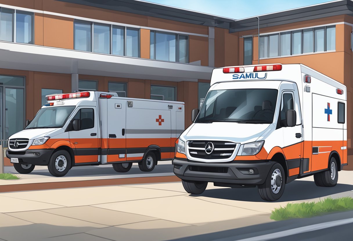 A SAMU ambulance parked outside a training facility, with medical equipment and personnel visible through the windows