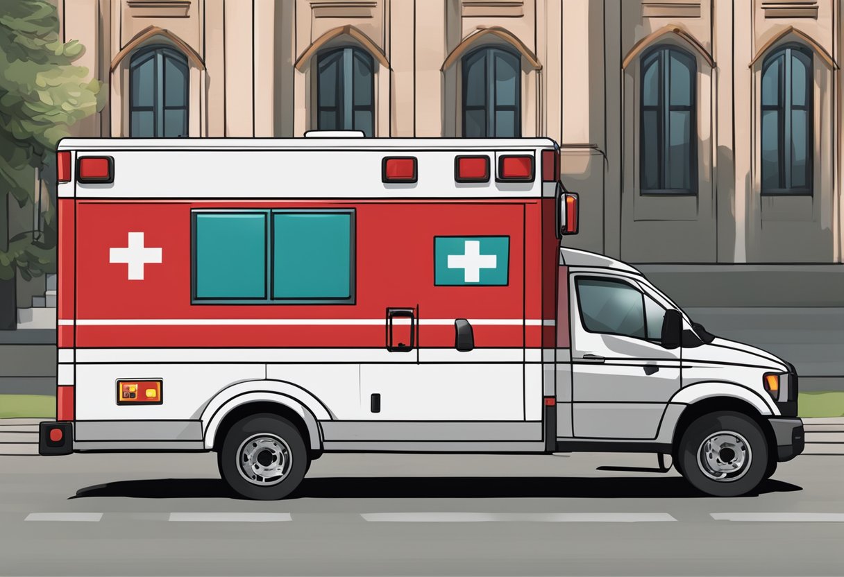 A red and white ambulance with "SAMU" written on the side, parked outside a building with emergency lights flashing